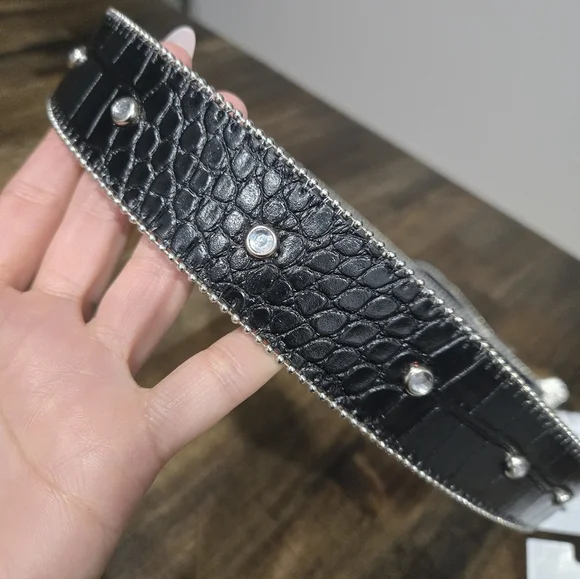 NWT True Religion Black Moc Croc Rhinestone Horseshoe Belt